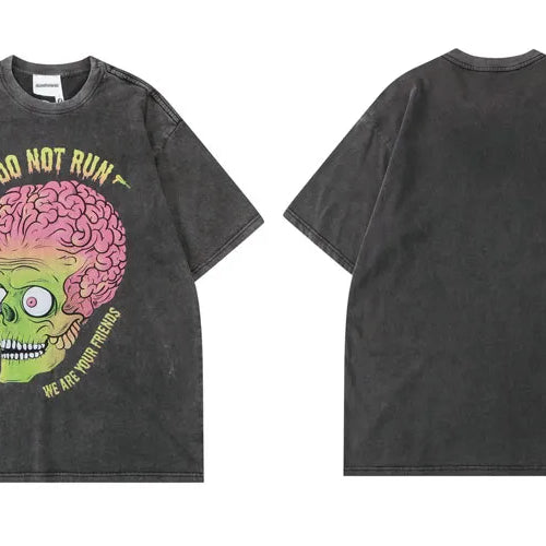 Zombie Skull Print Streetwear Men's Vintage Washed Loose Tee - true-deals-club