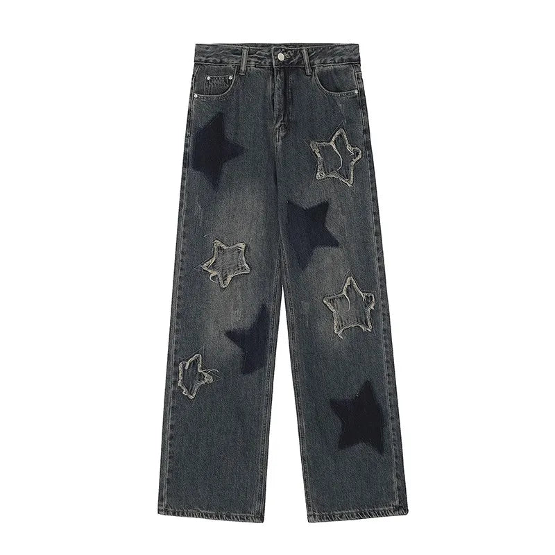 American Star Embroidery Women's Denim Trousers: Y2K High Street Casual Loose Straight Leg Pants - true-deals-club