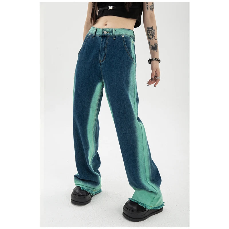 High Waist Straight Baggy Women's Jeans: Chic Design Streetwear Gradient Color Y2K Denim Wide Leg Trouser - true-deals-club