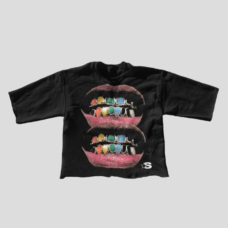 Oversized Graphic Tee - Golden Grin Lips T-Shirt Style - true-deals-club