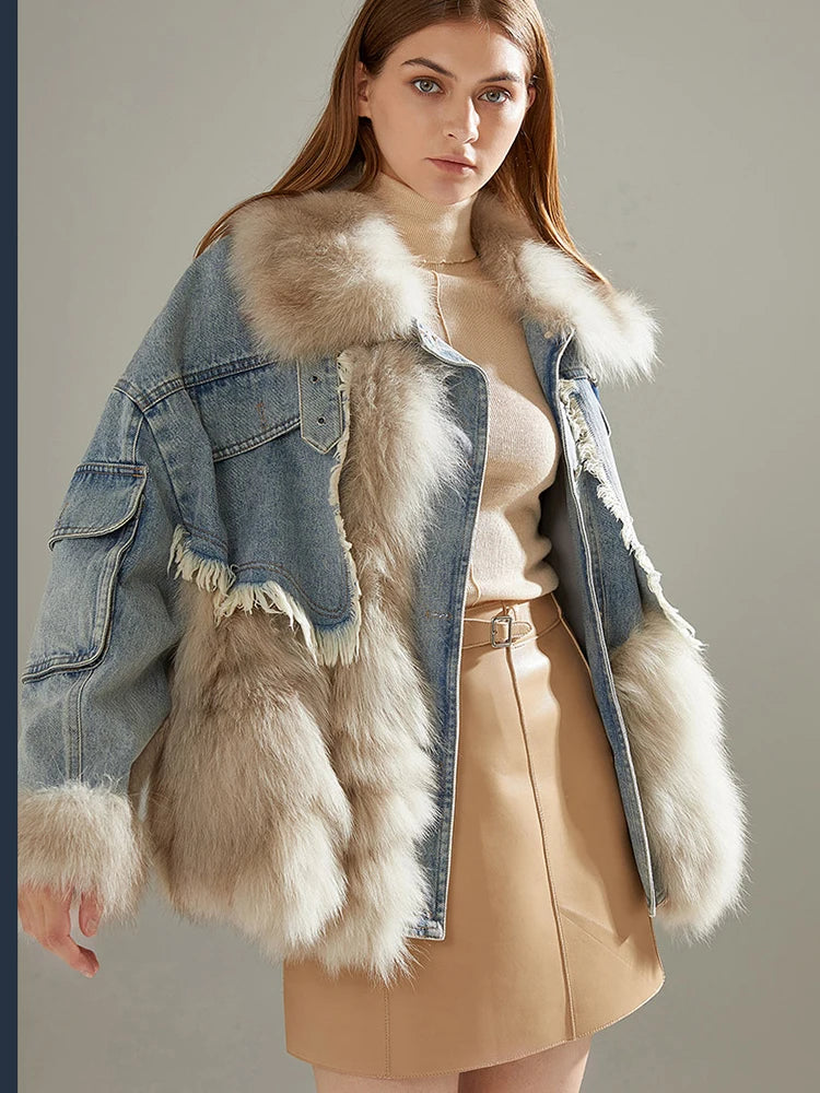 Loose Detachable Loose Bomber Fur Denim Jacket for Women - true-deals-club