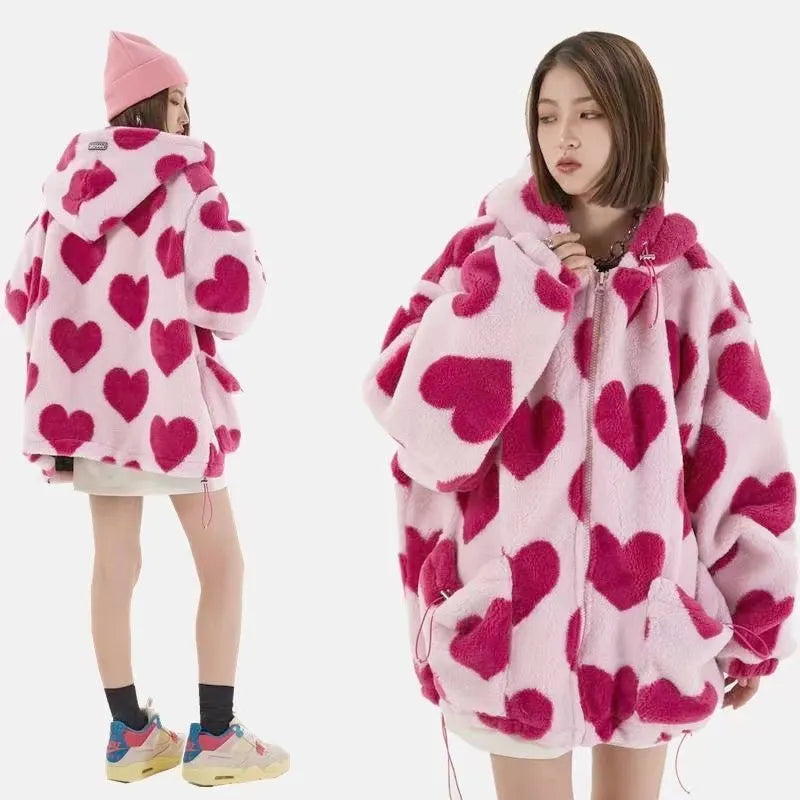 Student Hooded Cotton Women's Hearts Print Fur Jacket - true-deals-club