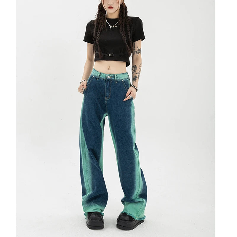 Loose Baggy Jeans for Women: High Waisted Two Tone Pants - true-deals-club