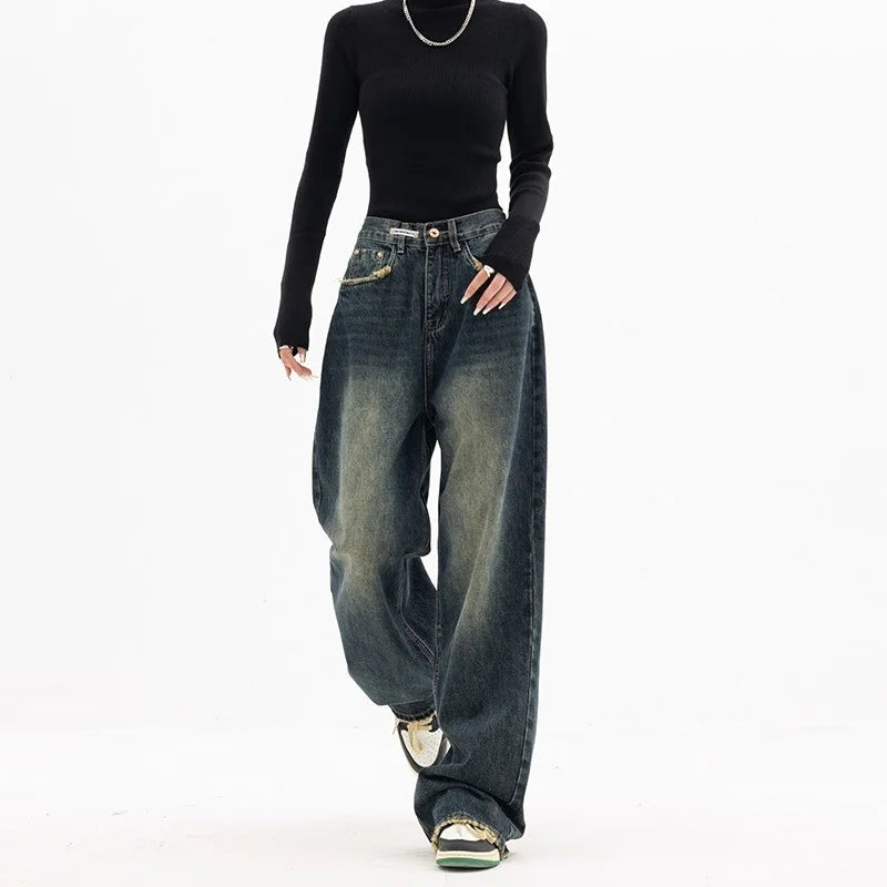 Vintage BF Style High Waist Women's Jeans: Streetwear Loose Wide Leg Denim Trousers - true-deals-club