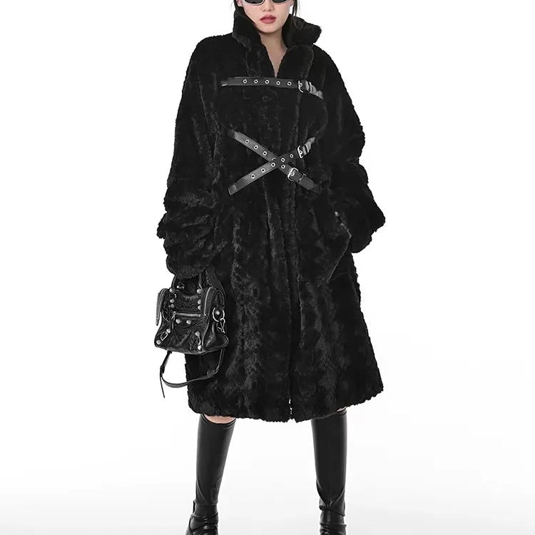 Punk Style Winter Women's Long Black Faux Fur Coat - true-deals-club