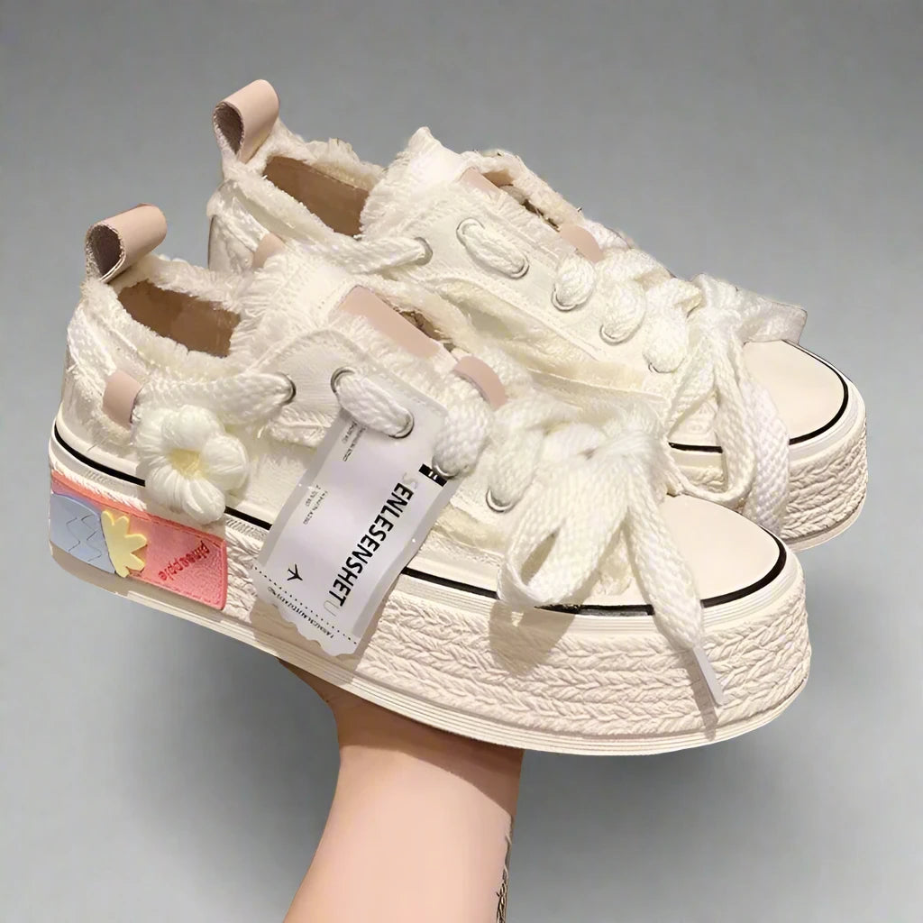 Lace-Up Women's Platform Sneakers Flower Design for Teens - true-deals-club