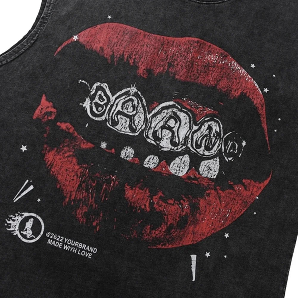 Oversize Lip Print Washed Loose Sleeveless Cotton Streetwear - true-deals-club