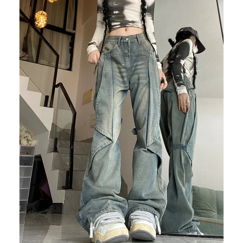 Vintage High Waist Women's Jeans: Chic American Fashion Streetwear Wide Leg Baggy Denim Pants - true-deals-club