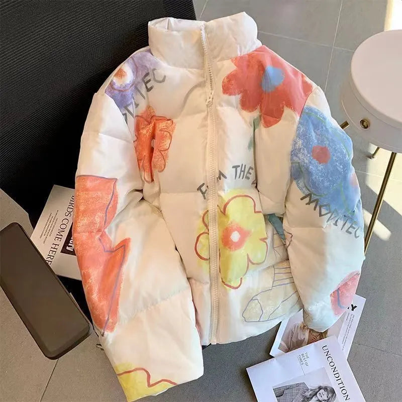 Cozy Puffer Jacket for Teen Women: Hand-Painted Beautiful Flower Print - true-deals-club