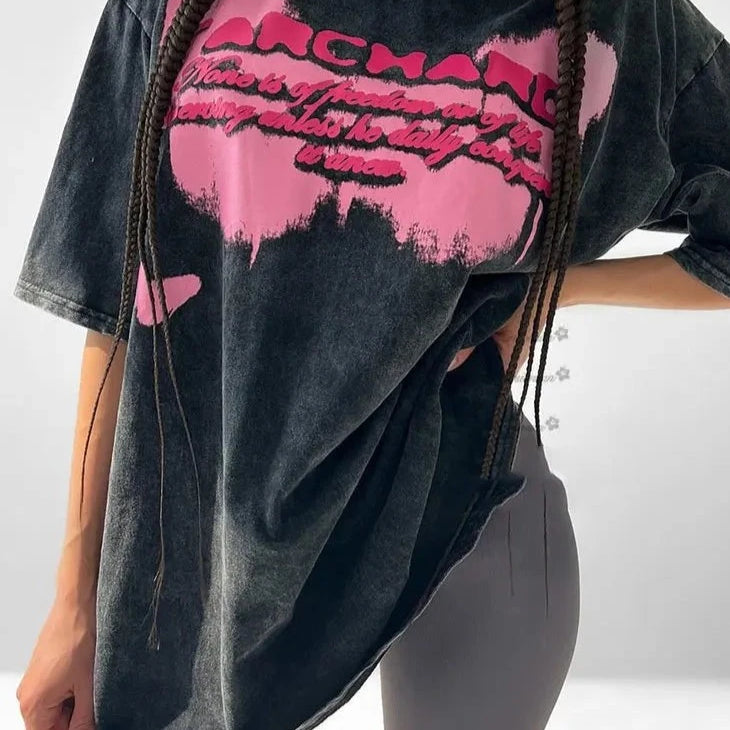 Vintage Print Oversized Acid Washed T-Shirt for Women - true-deals-club